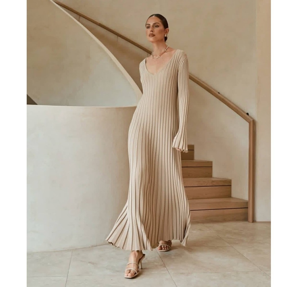 DISSH Reign Maxi Dress S Ribbed Knit Minimalist V-Neck Long Sleeve Stone Beige